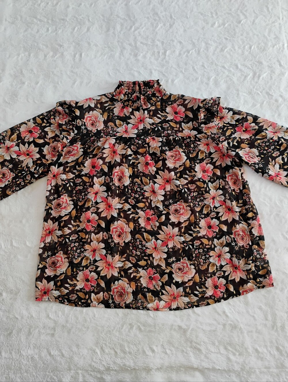 Maurices Floral Smocked Mock Neck Sheer Top